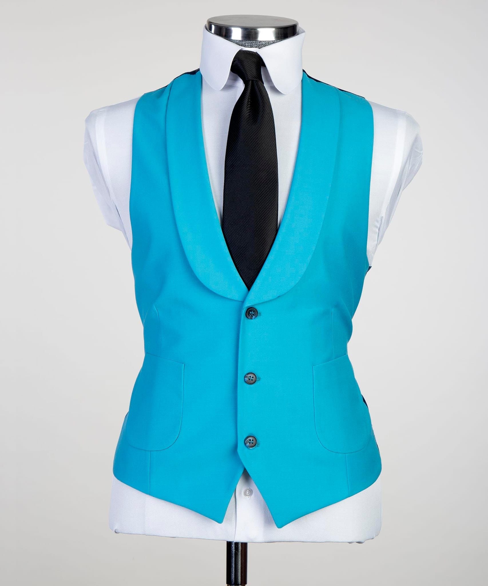 Blue Close Fitting Business Suit with Peaked Lapel 2