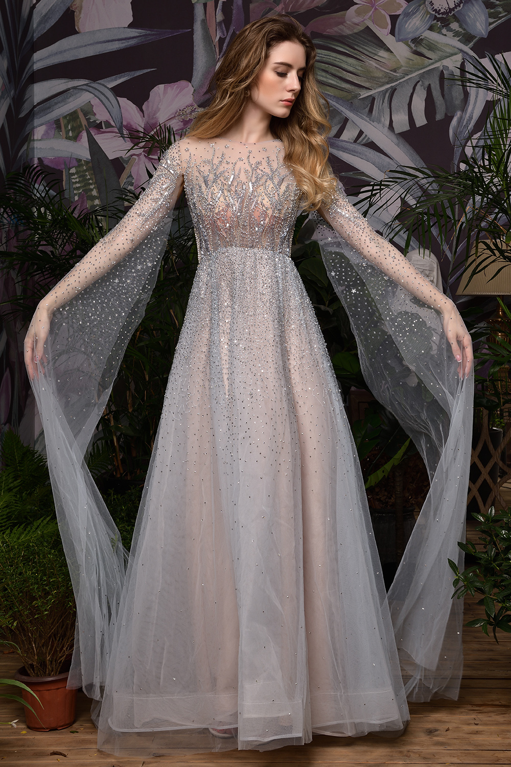 A-line Jewel Neck Long Sleeves Sweep / Brush Train Tulle Evening Gown With Beading 5
