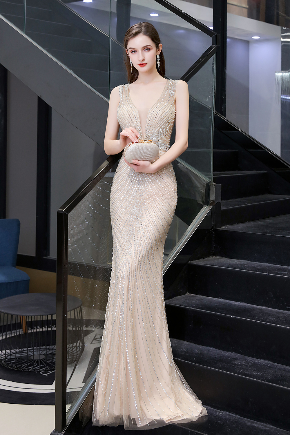 Mermaid V-neck Sleeveless Court Train Tulle Formal Dress With Rhinestone 23