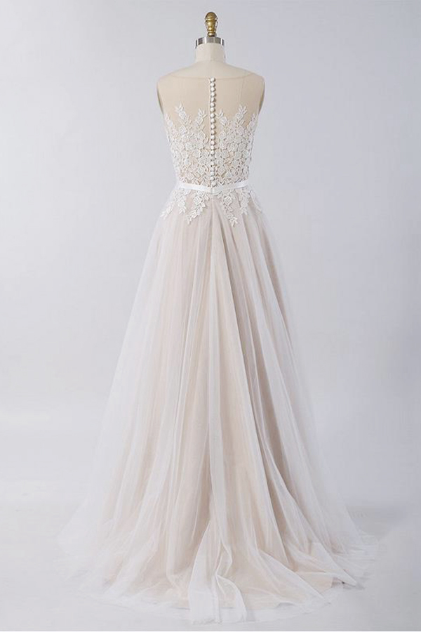 A-line Jewel Neck Sleeveless Floor-length Tulle Bridal Attire With Lace 2