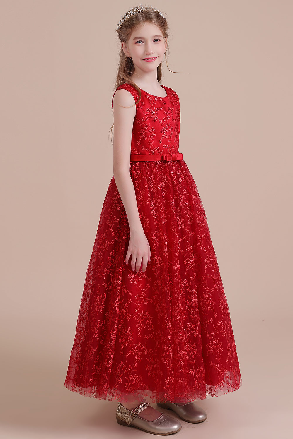 A-line Jewel Neck Sleeveless Ankle-length Tulle Flower Girl Dress With Embroidery 4