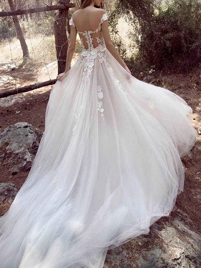 A-line V-neck Cap Sleeves Court Train Tulle Wedding Dress With Lace 2