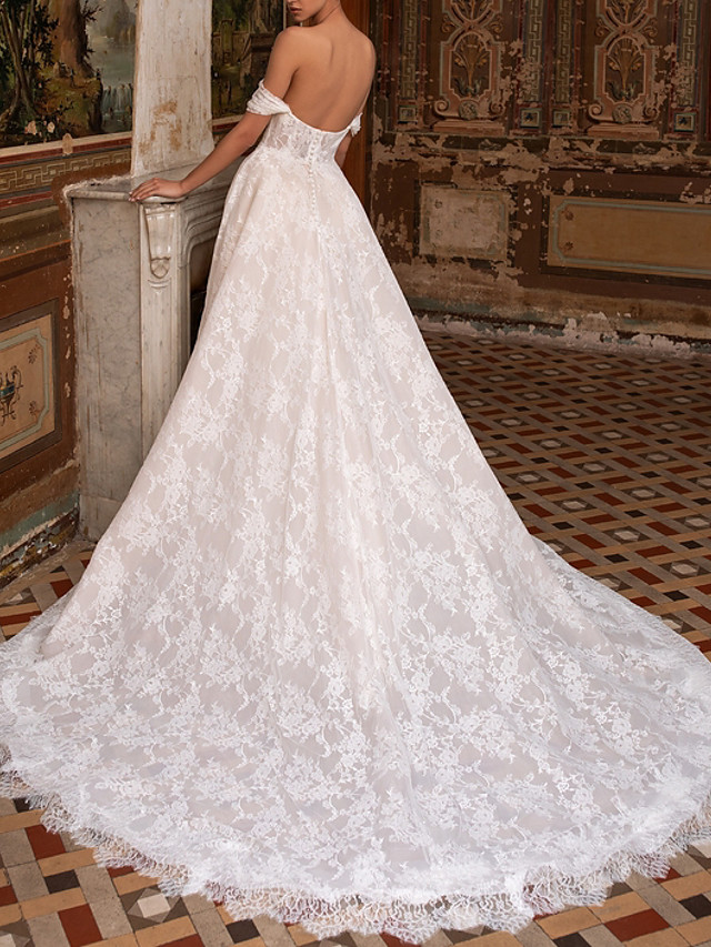 A-line Short Sleeves Sweep / Brush Train Lace Bridal Attire With Buttons 2