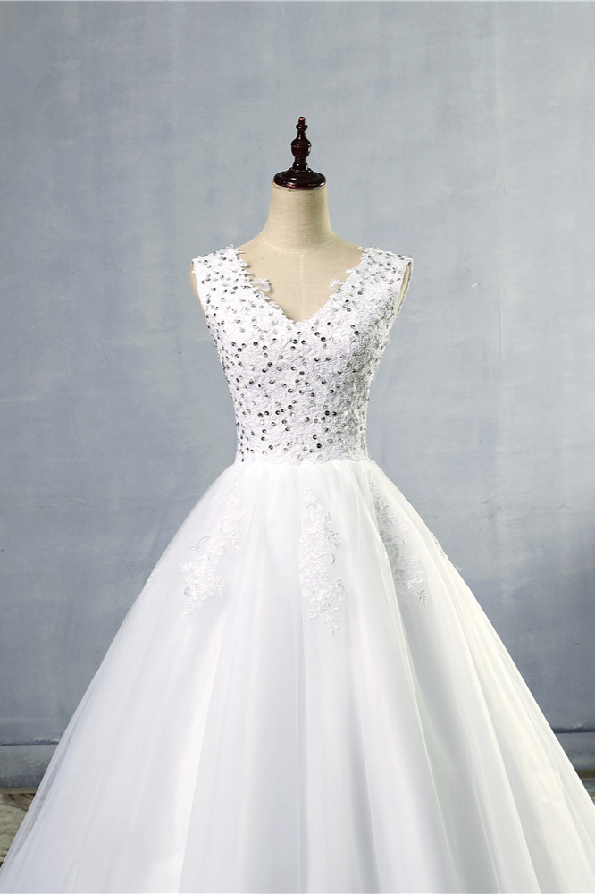 A-line V-neck Sleeveless Floor-length Tulle Bridal Dress With Sequins 4