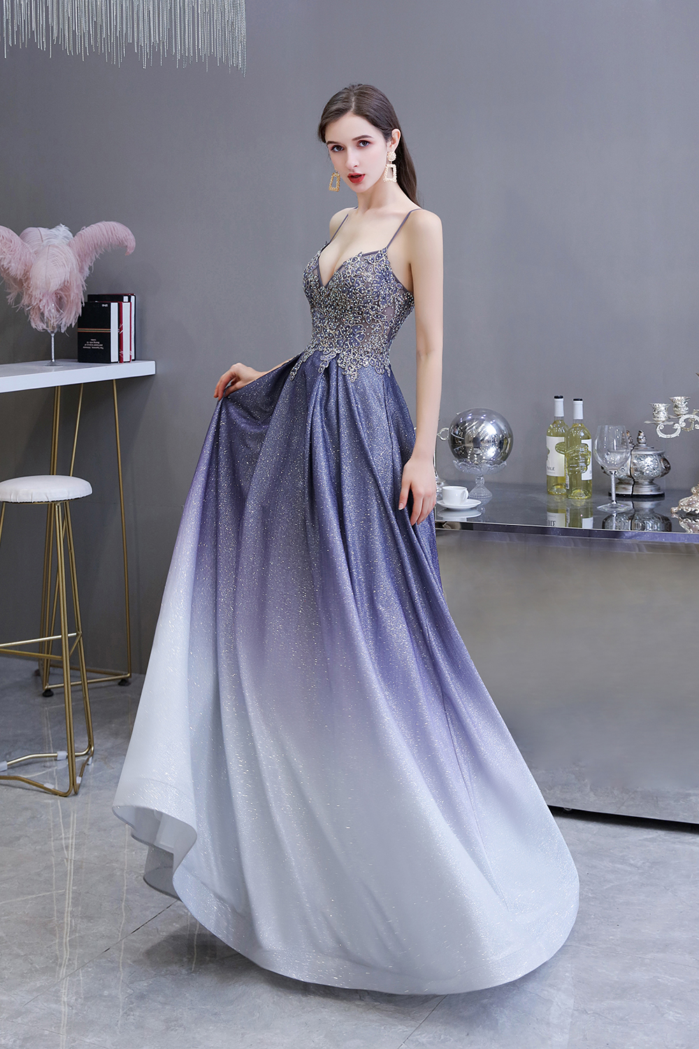A-line Spaghetti Straps V-neck Sleeveless Sweep / Brush Train Satin Formal Dress With Appliques 4