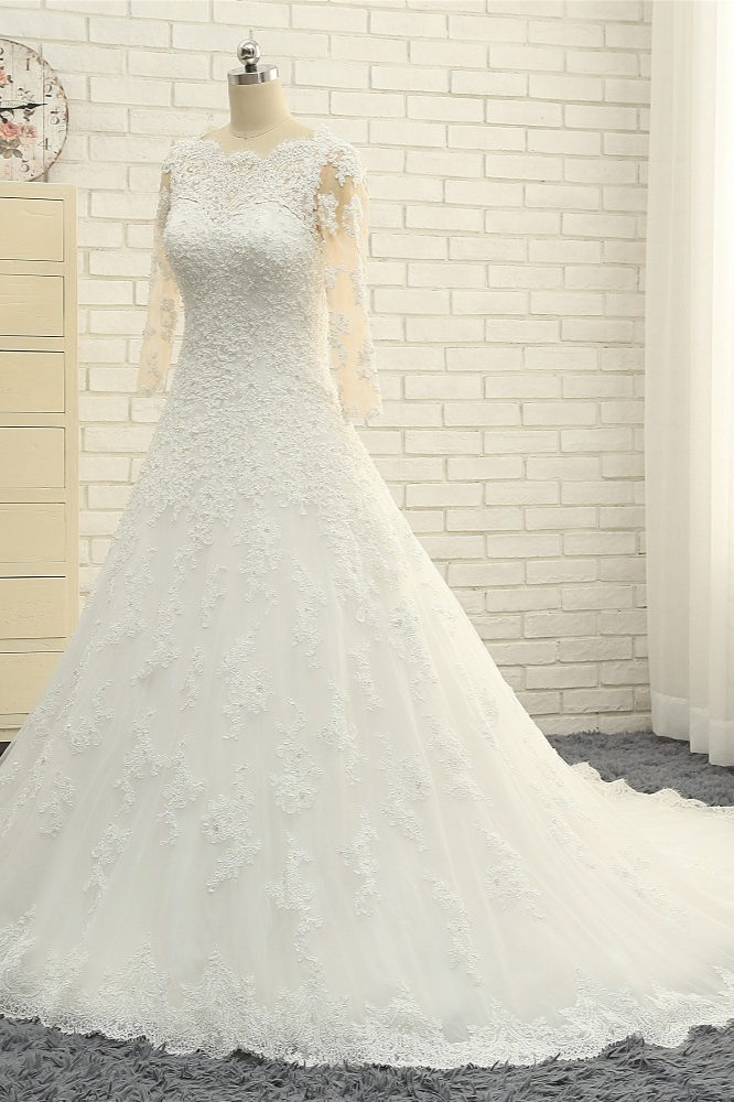 A-line Jewel Neck Half-Sleeves Court Train Wedding Gown With Lace 3