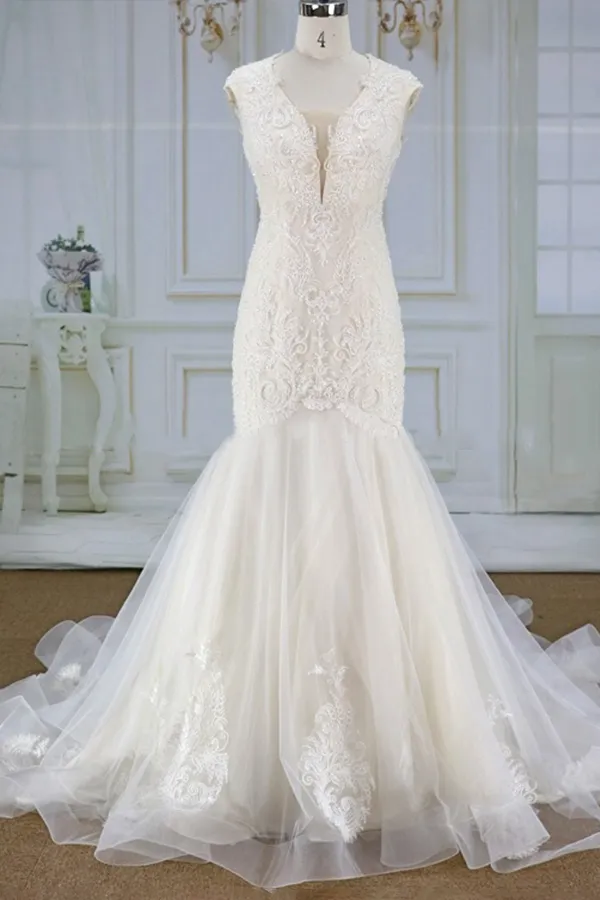 Mermaid Square Neck Sleeveless Cathedral Train Tulle Wedding Gown With Lace 1