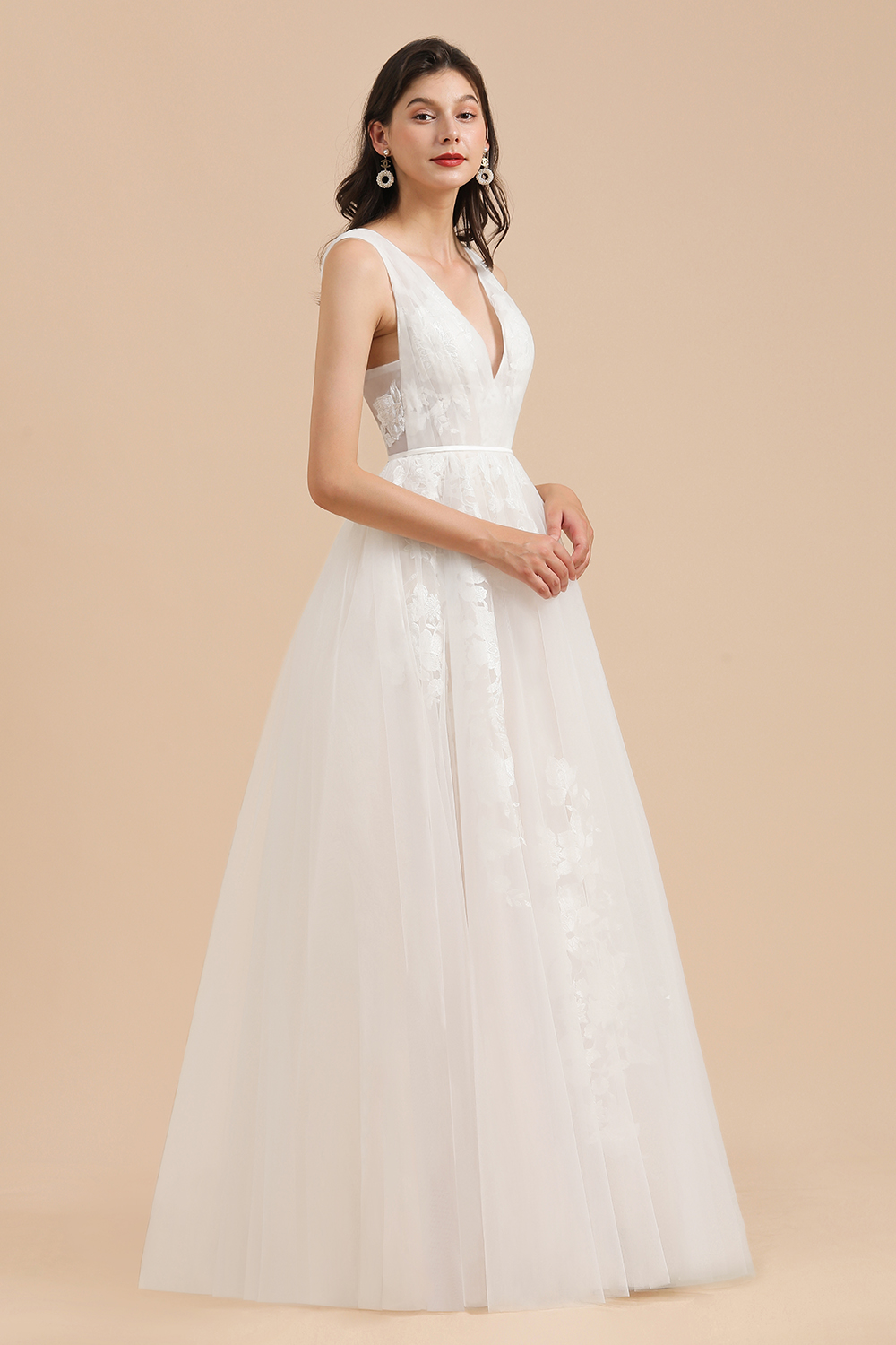 A-line V-neck Sleeveless Floor-length Satin Bridal Dress With Lace 4