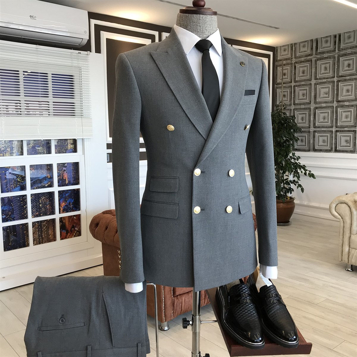 Dark Gray Double Breasted Business Suit 2