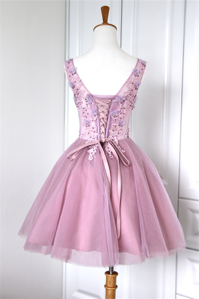 Column V-neck Sleeveless Mini Tulle Cocktail Party Dress With Appliques 2
