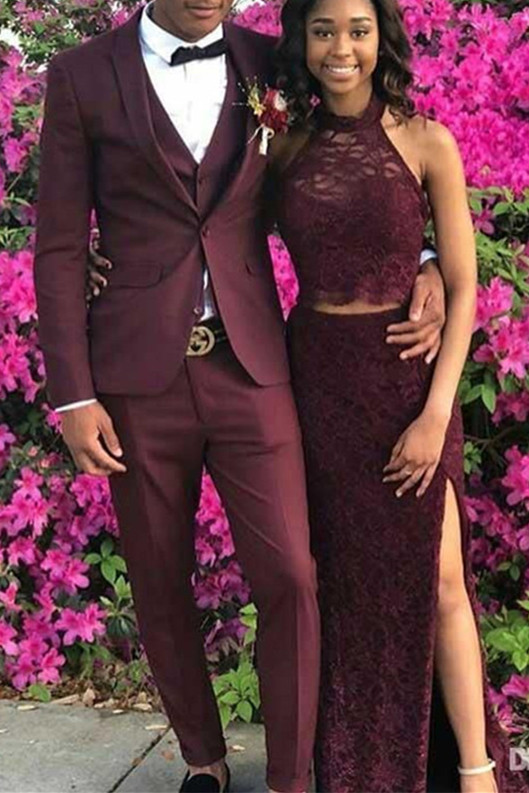 Burgundy Shawl Lapel Prom Men's Suit 1