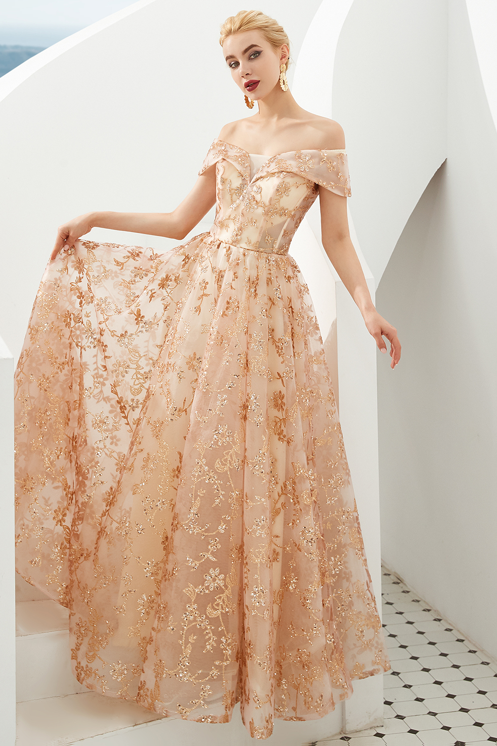 Ball Gown Off-the-shoulder Cap Sleeves Sweep / Brush Train Tulle Formal Dress With Sequins 6