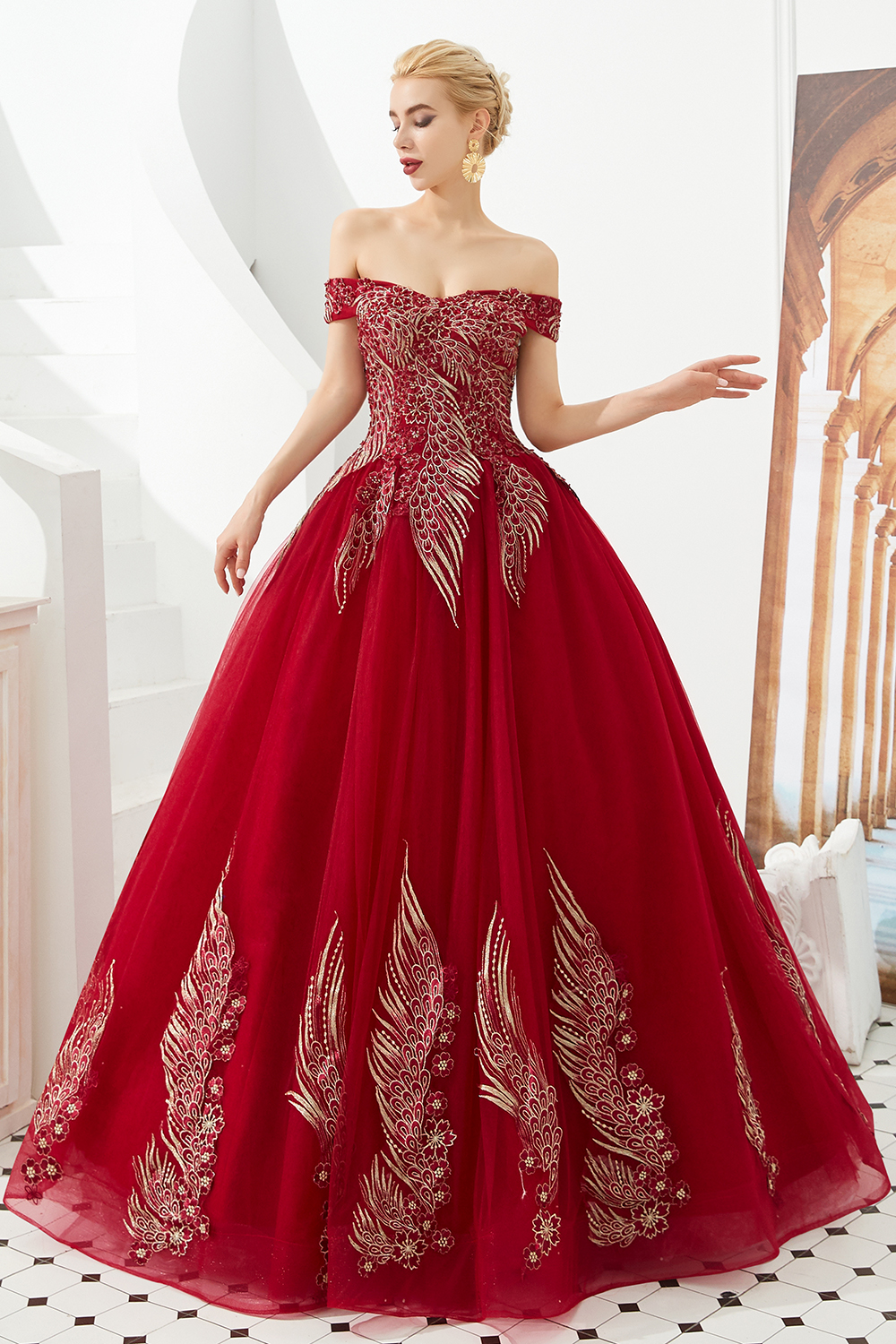 Ball Gown Off-the-shoulder Cap Sleeves Sweep / Brush Train Tulle Formal Dress With Beading 7