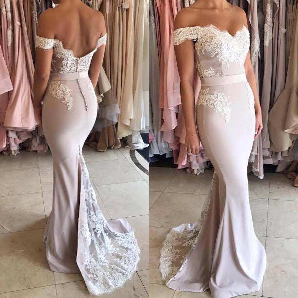 Mermaid Off-the-shoulder Sleeveless Sweep / Brush Train Wedding Guest Dress With Lace 2