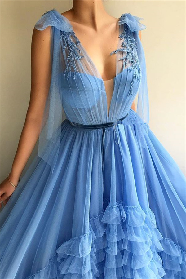 A-line Plunging Neckline Sleeveless Floor-length Tulle Evening Dress With Bow 2