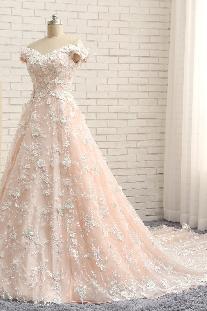 A-line Off-the-shoulder V-neck Floor-length Bridal Attire With Lace 3