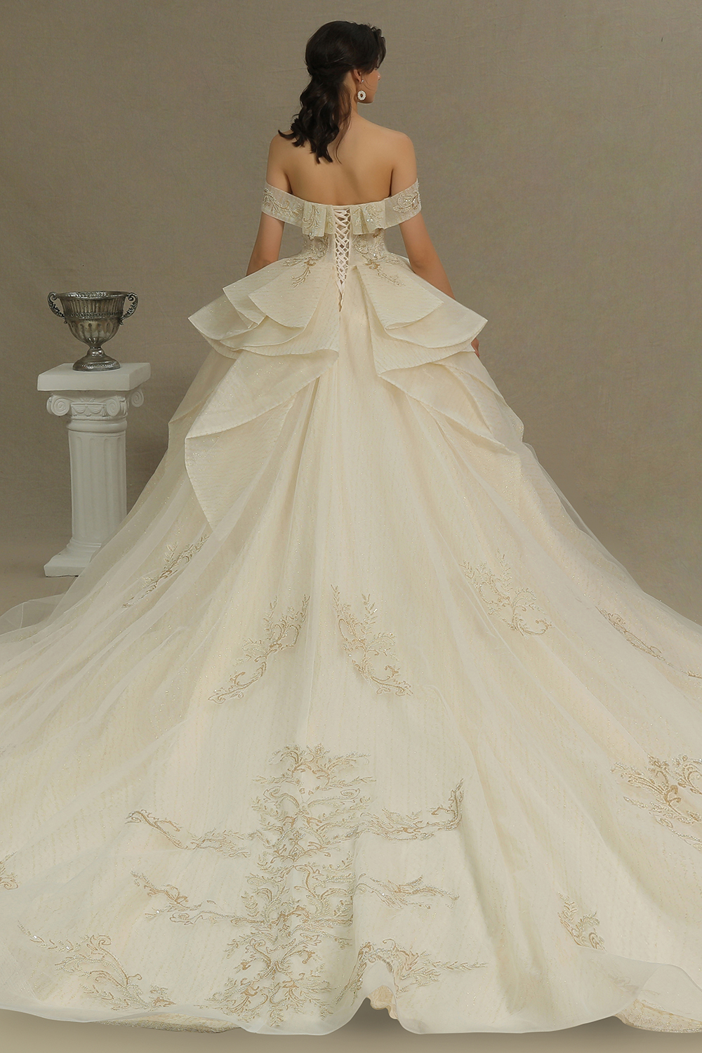 A-line Strapless Cap Sleeves Cathedral Train Tulle Bridal Gown With Beading 6