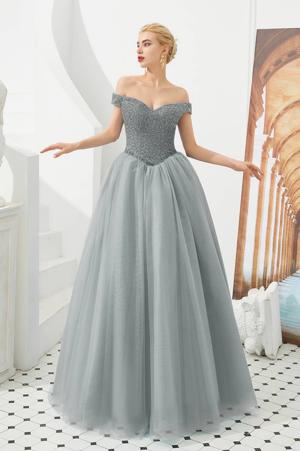 Off-the-shoulder Cap Sleeves Sweep / Brush Train Tulle Formal Dress With Beading 6