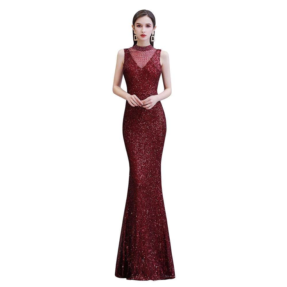 Mermaid Jewel Neck Sleeveless Sweep / Brush Train Tulle Evening Gown With Sequins 8