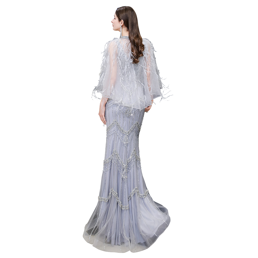 Mermaid V-neck Sleeveless Court Train Tulle Evening Gown With Feathers 17