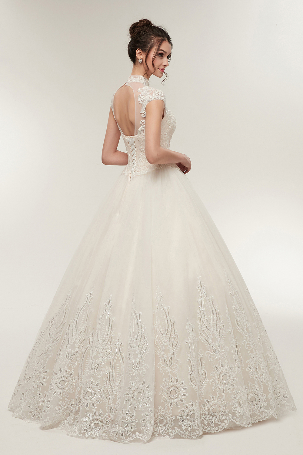 High Neck Short Sleeves Floor-length Lace Bridal Gown With Ruched 6