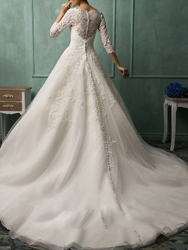 A-line Bateau Neck 3/4-Length Sleeves Floor-length Tulle Wedding Dress With Lace 2