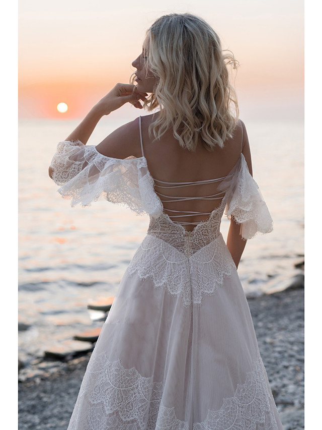 A-line Straps V-neck Short Sleeves Sweep / Brush Train Tulle Wedding Gown With Lace 3