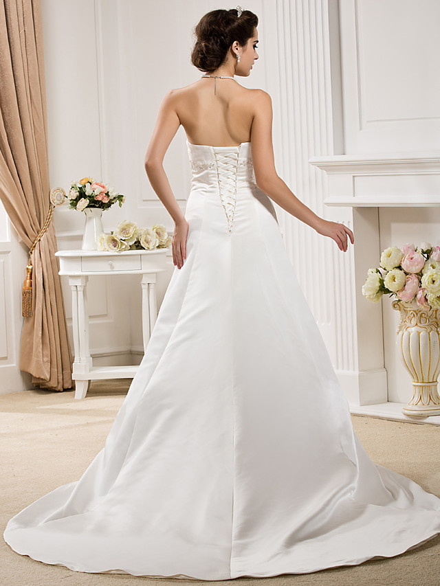 A-line Strapless Sleeveless Court Train Lace Bridal Gown With Lace 8