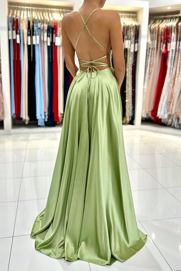 Column Spaghetti Straps Sleeveless Floor-length Stretch Satin Evening Dress With Ruffles 4