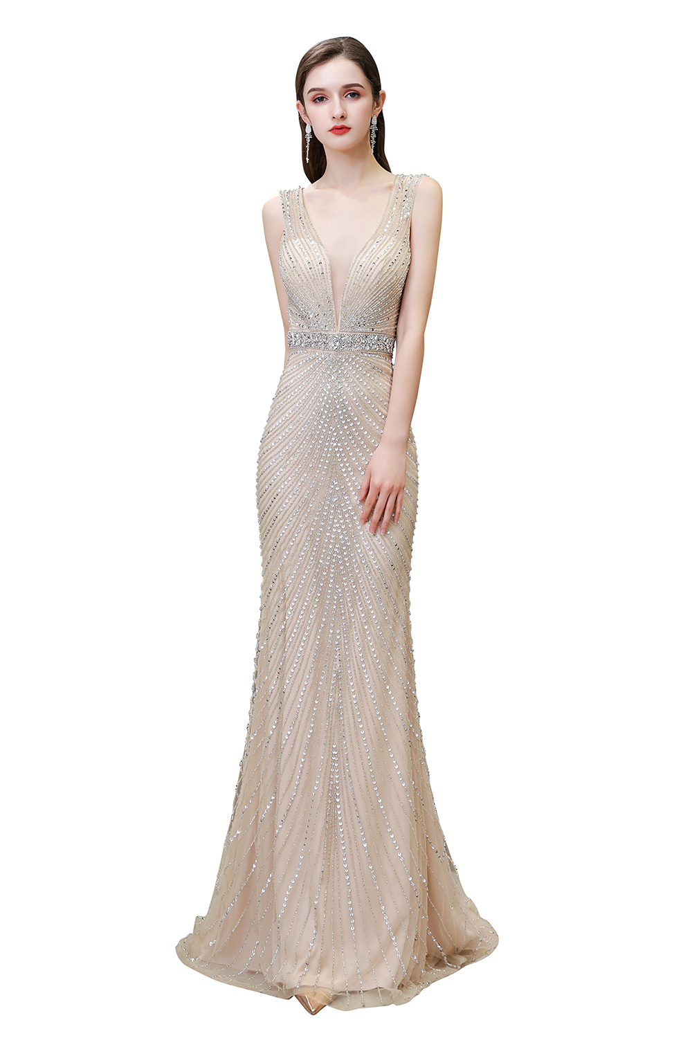 Mermaid V-neck Sleeveless Court Train Tulle Formal Dress With Rhinestone 3