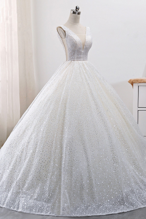 Ball Gown Straps V-neck Sleeveless Floor-length Tulle Wedding Dress With Sequins 3