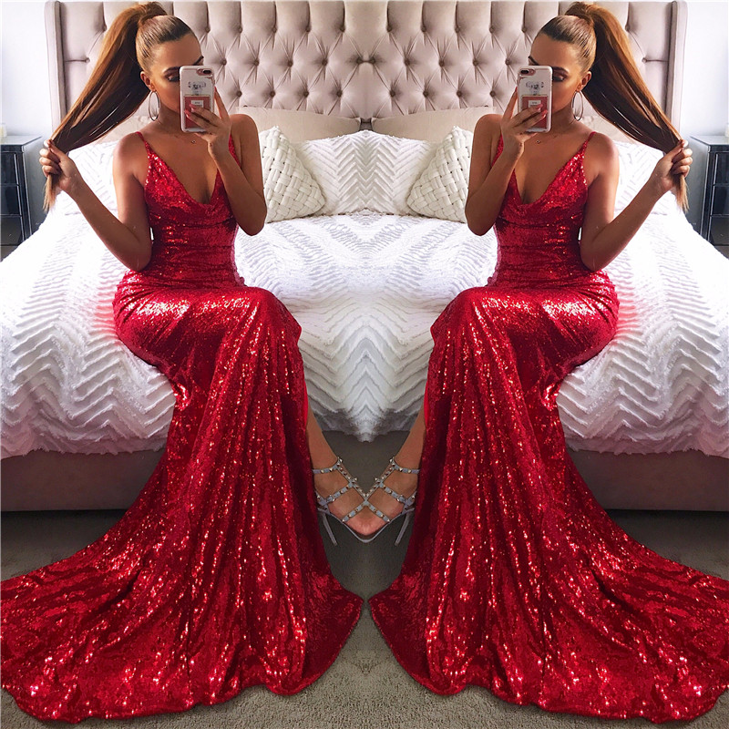 Column Spaghetti Straps Sleeveless Sweep / Brush Train Formal Dress With Sequins 3