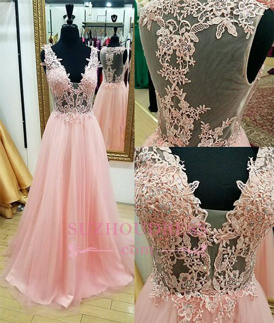 A-line V-neck Sleeveless Court Train Tulle Evening Gown With Beading 2