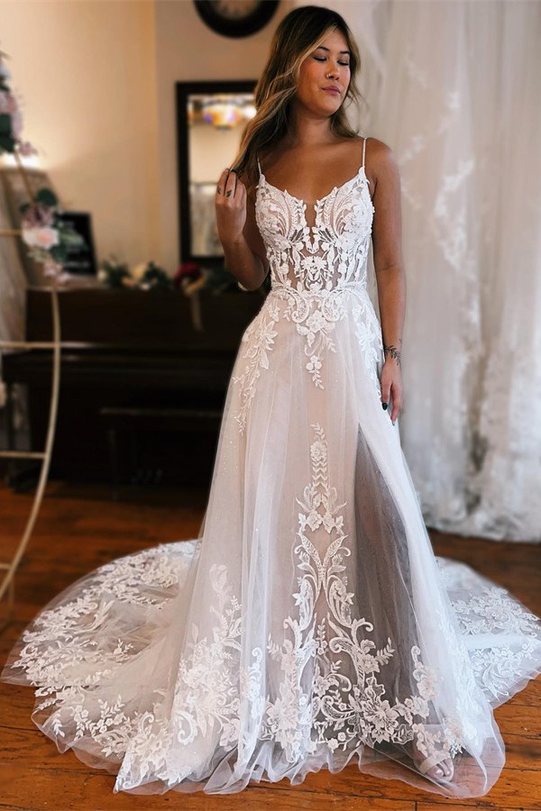 A-line Spaghetti Straps Sleeveless Chapel Train Lace Bridal Gown With Ruffles 1