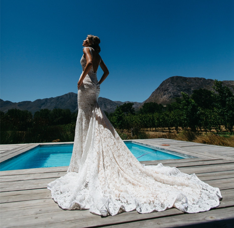 Column Plunging Neckline Sleeveless Chapel Train Wedding Gown With Lace 2