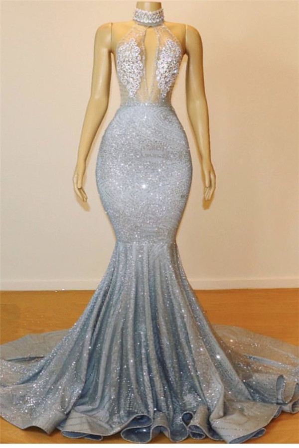 Mermaid High Neck Sleeveless Court Train Formal Dress With Sequins 1