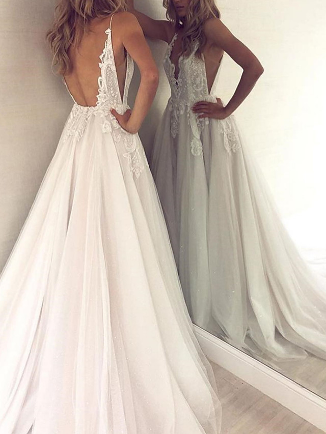 A-line V-neck Court Train Tulle Bridal Gown With Lace 3