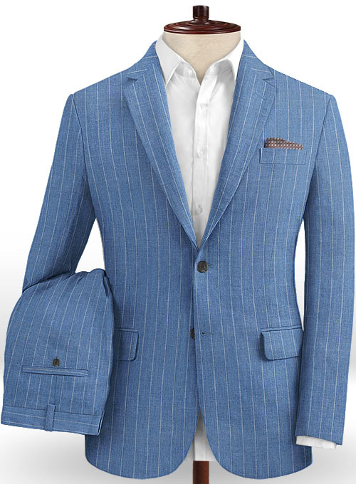 Steel Blue Stripe  Linen Men Suits 2