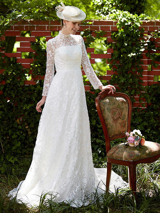 A-line Long Sleeves Court Train Lace Bridal Gown With Lace 4