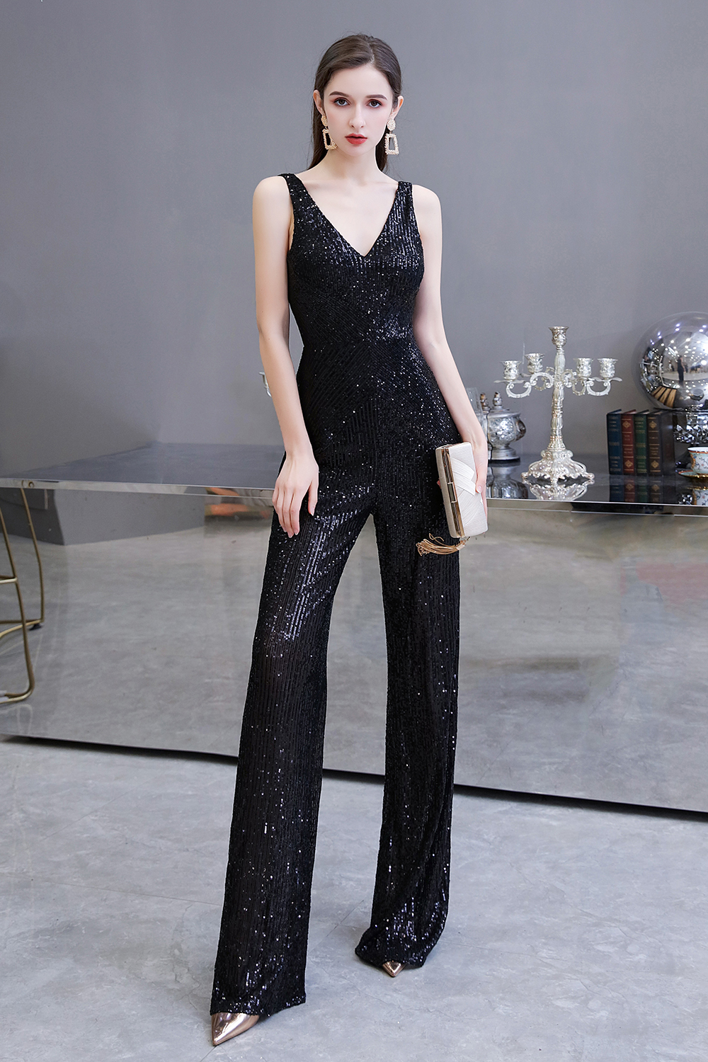 Shining V-neck Silver Sequin Sleeveless Prom Jumpsuit 14