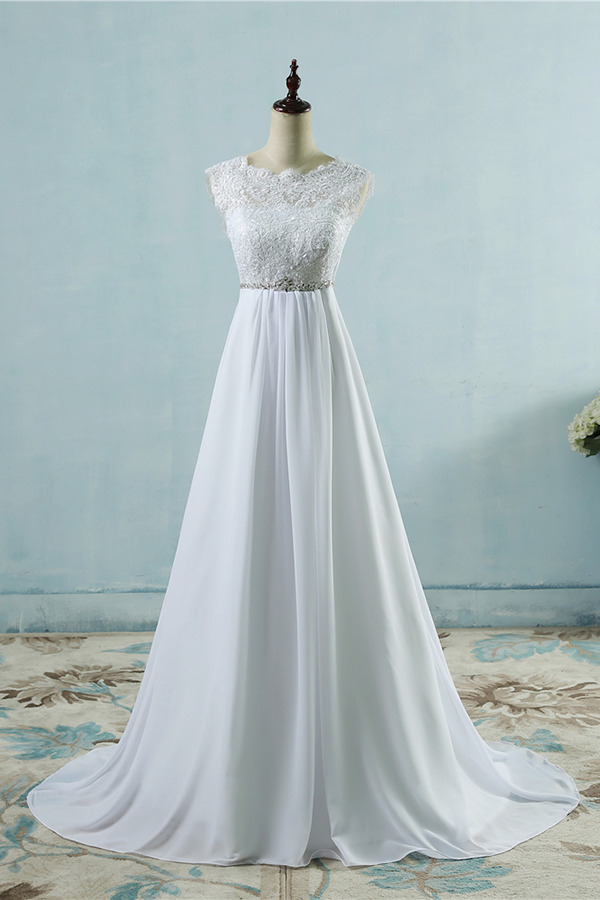 A-line Jewel Neck Sleeveless Floor-length Tulle Wedding Dress With Crystal 1