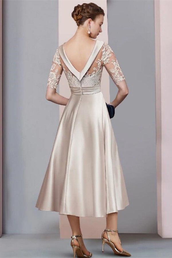 A-line Jewel Neck Half-Sleeves Tea-length Satin Evening Dress With Lace 2