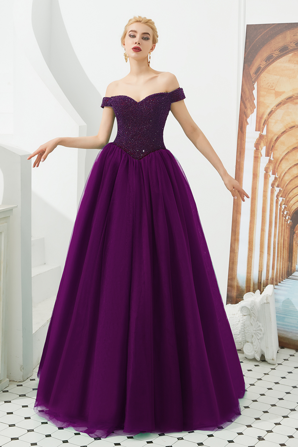 Off-the-shoulder Cap Sleeves Sweep / Brush Train Tulle Formal Dress With Beading 7