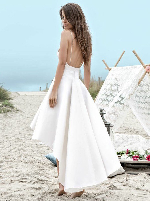 A-line Spaghetti Straps Sleeveless Asymmetrical Satin Wedding Dress With Ruched 2