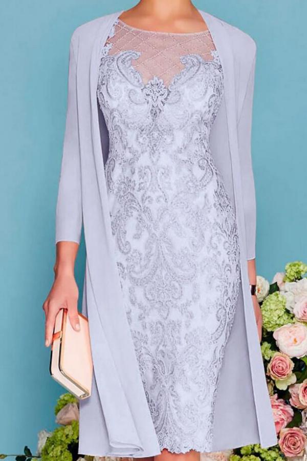 Knee Length Two Piece Sheath / Column Mother of the Bride Dress with Chiffon Lace and 3/4 Length Sleeve 4