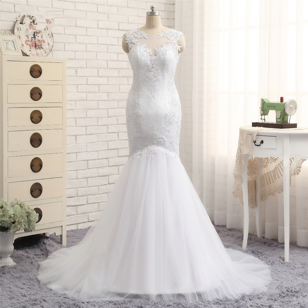 Mermaid Jewel Neck Sleeveless Floor-length Tulle Bridal Gown With Appliques 6