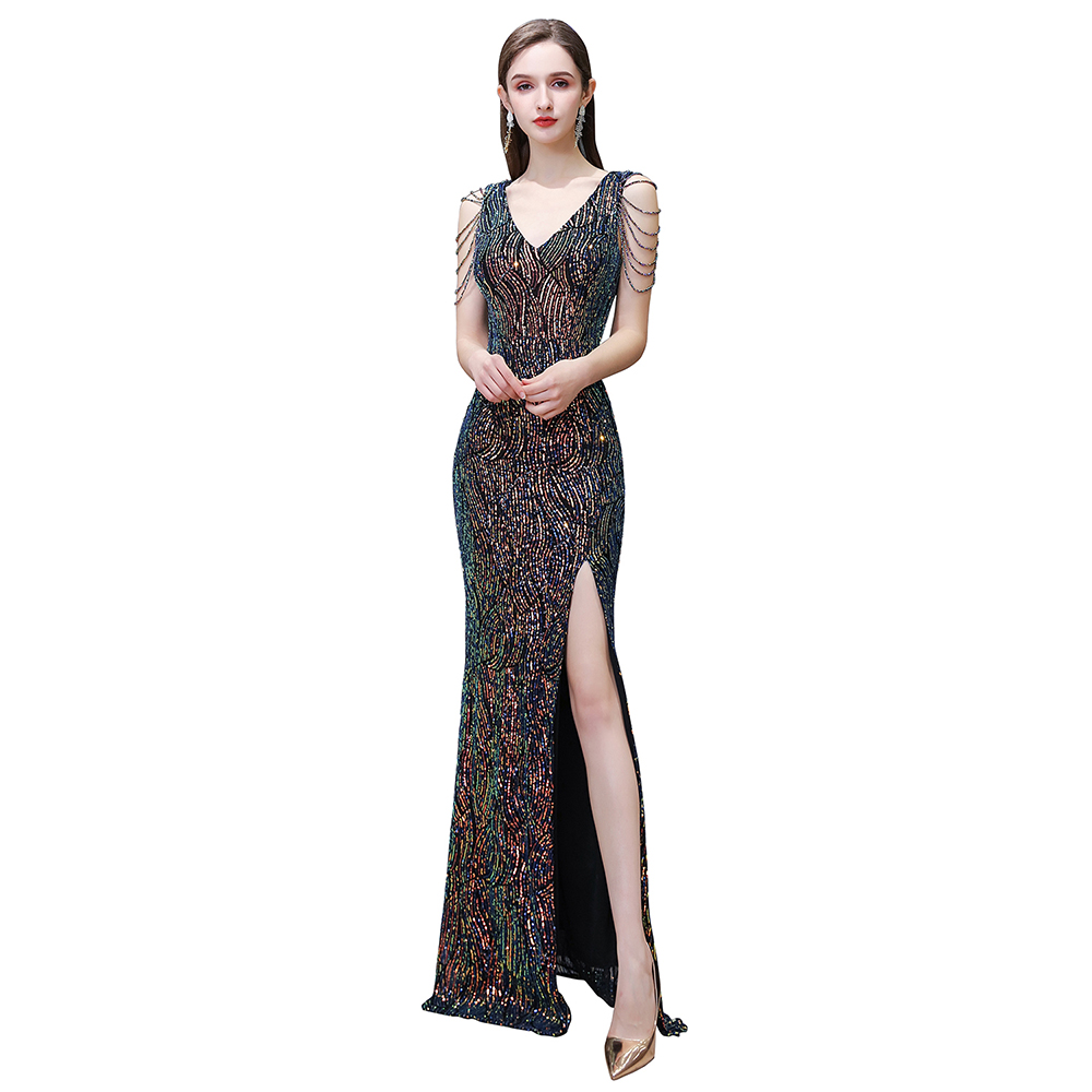 Mermaid V-neck Sleeveless Sweep / Brush Train Evening Dress With Sequins 2