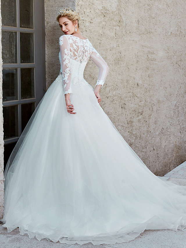 Ball Gown Bateau Neck Long Sleeves Chapel Train Tulle Bridal Gown With Lace 2