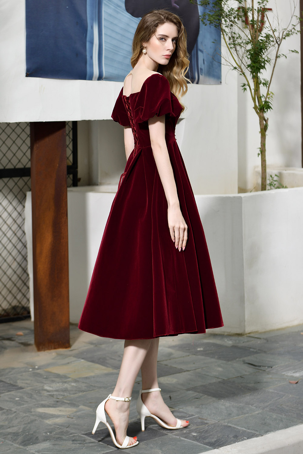 A-line Jewel Neck Short Sleeves Tea-length Velvet Homecoming Dress With Pearls 9