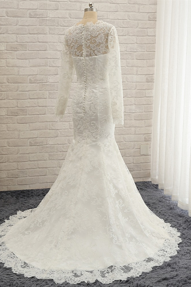 Mermaid Jewel Neck Long Sleeves Floor-length Satin Wedding Dress With Lace 4